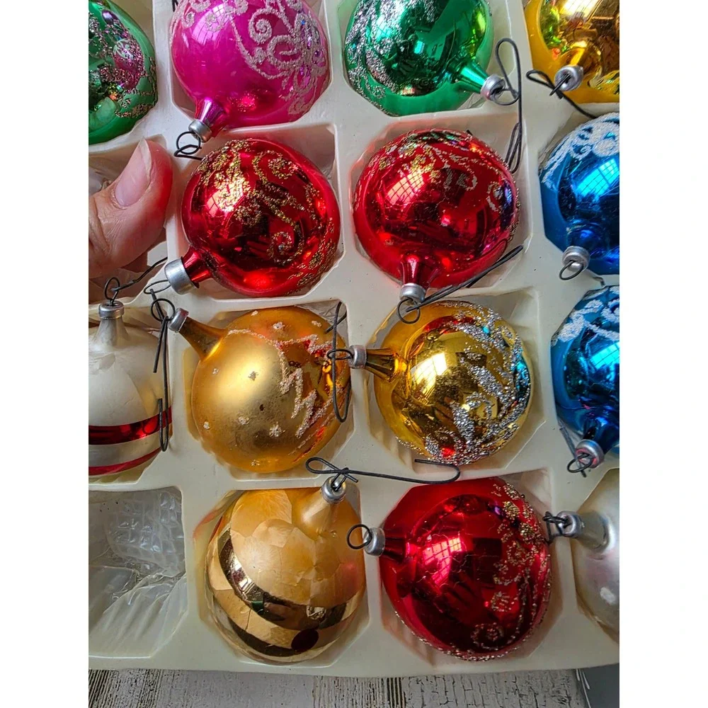 Vintage Columbia mini Mica glitter ball ornament set pink blue green red gold